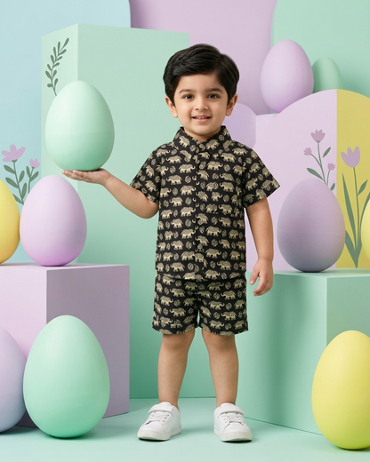 Midnight Black Elephant Print Boys' Cotton Co-ord Set: Shirt & Shorts