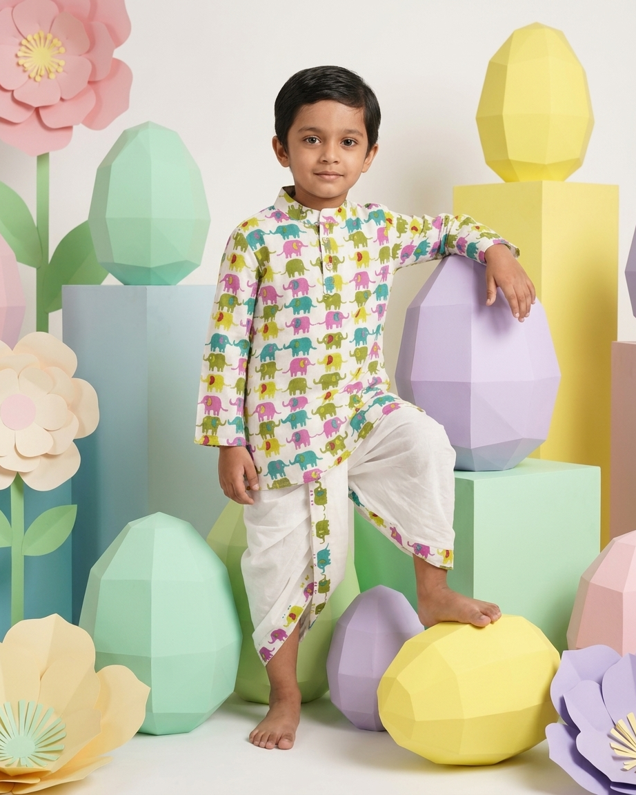 Playful Elephant Print Boys' Cotton Kurta & Ready-to-Wear Dhoti Set