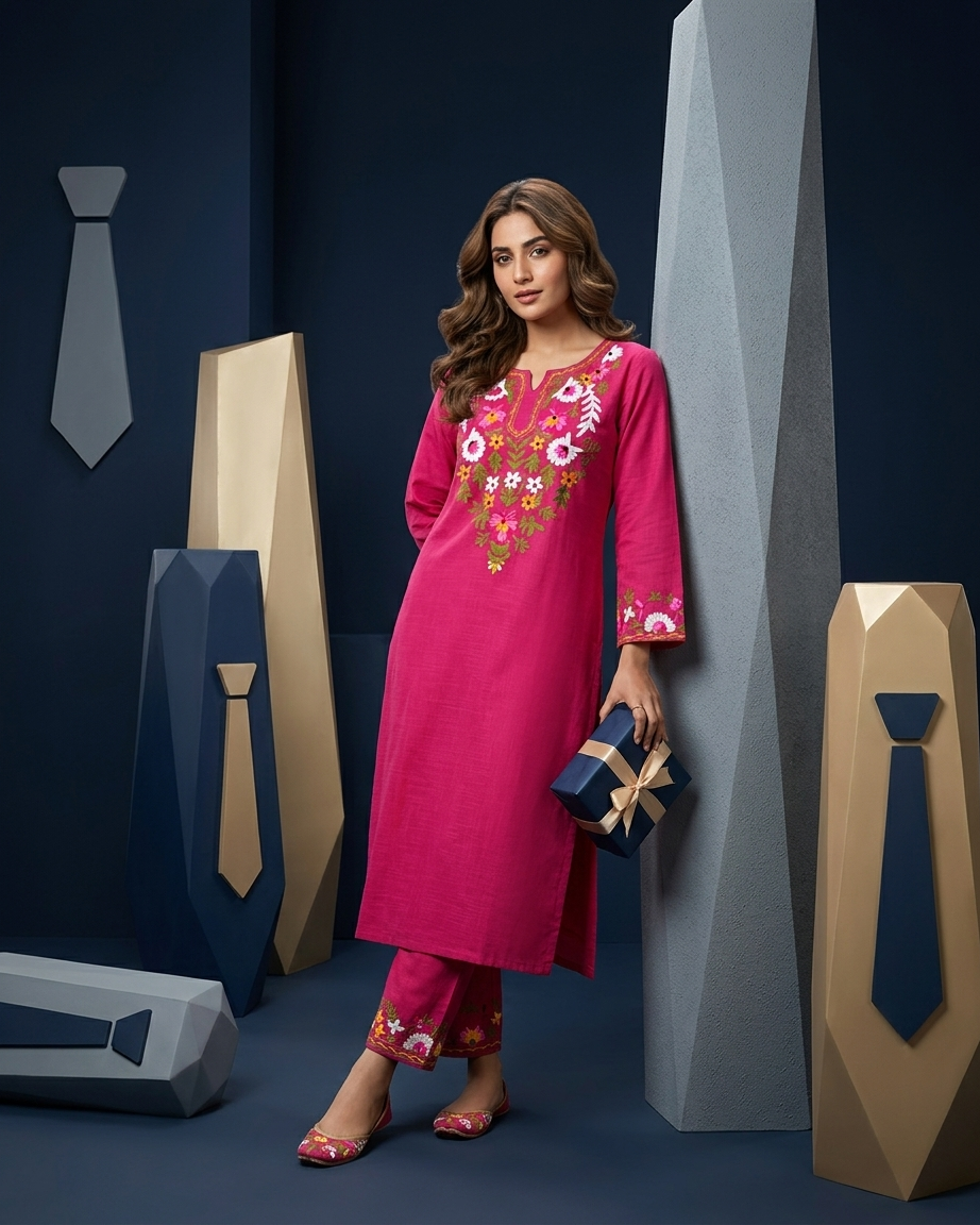 Floral Embroidered Kurta Set in Rani pink