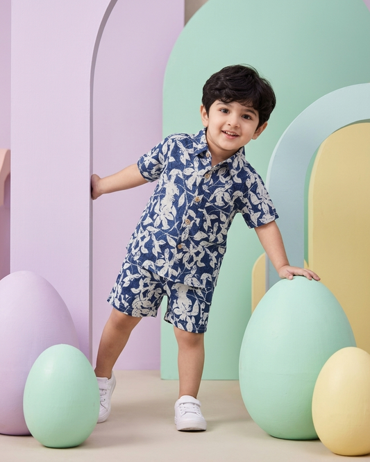 Indigo Leaf Print Boys' Cotton Co-ord Set: Shirt & Shorts