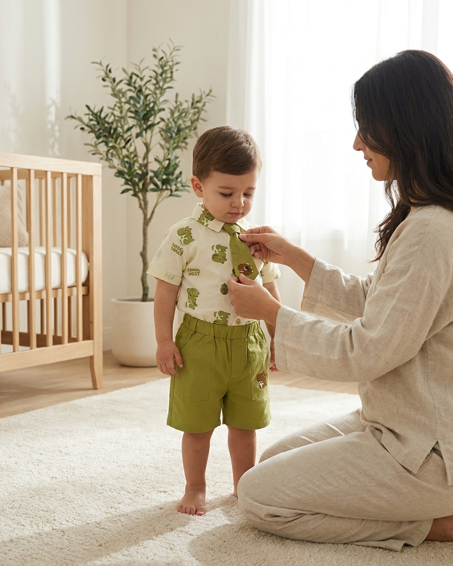 Dino-Mite Dapper: Boys' Cream Dinosaur Print Shirt & Olive Shorts Set with Matching Tie