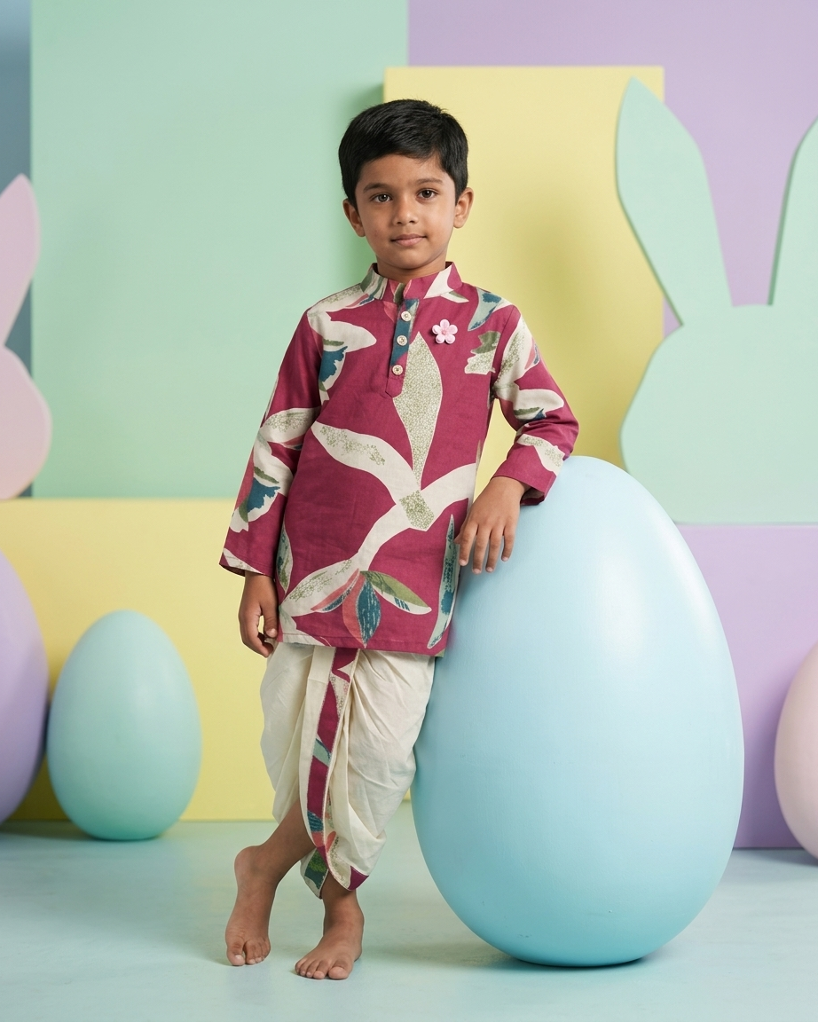 Crimson Botanic Boys' Cotton Kurta & Ready-to-Wear Dhoti Set