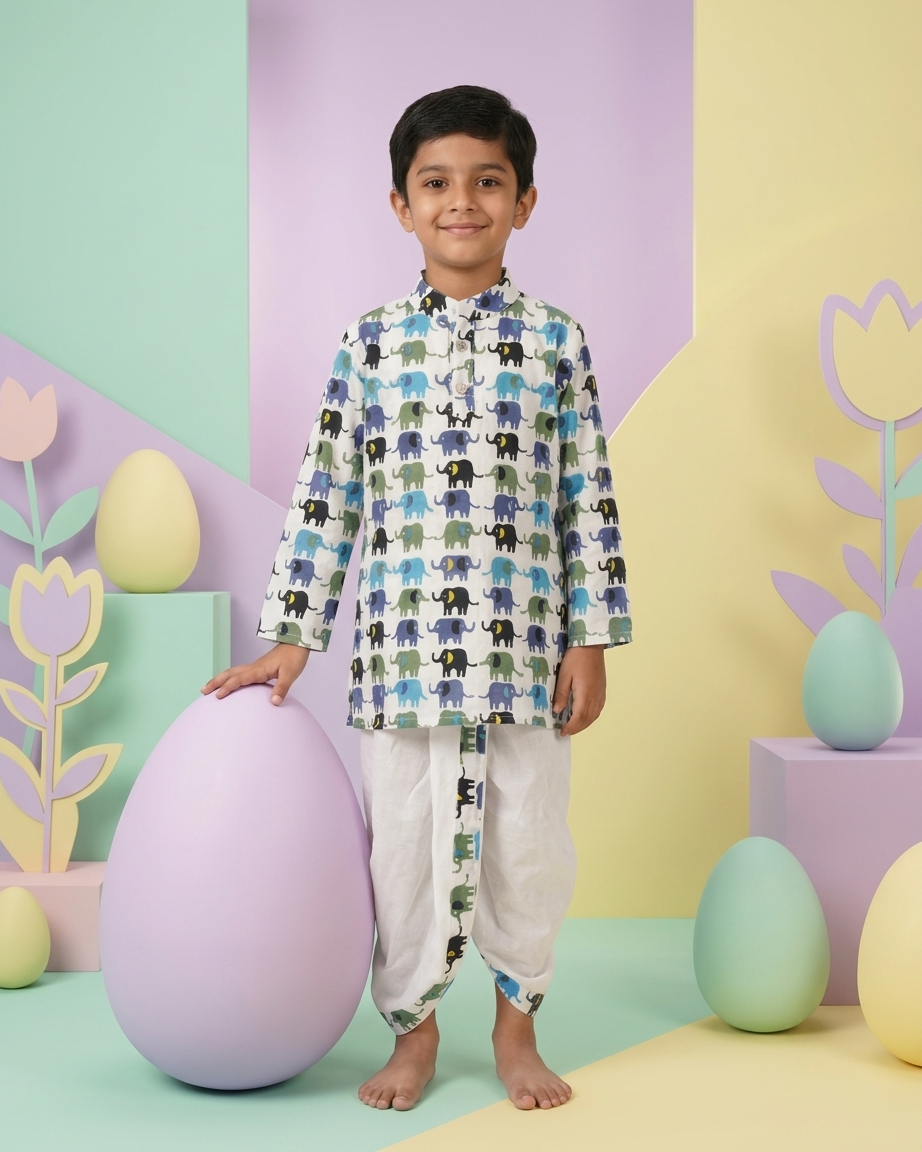 Little Explorer: Boys' Elephant Print Cotton Kurta & Dhoti Set