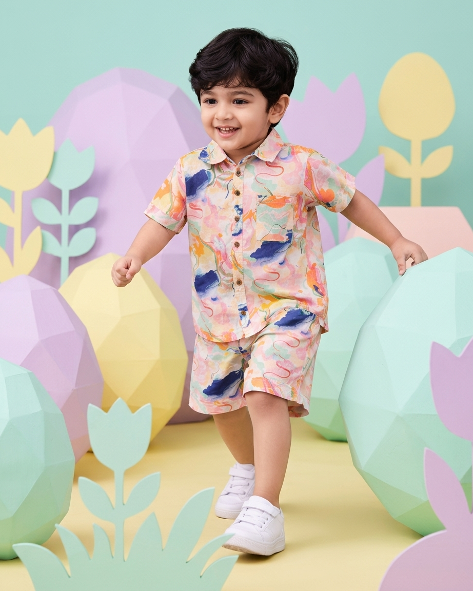 Artistic Splash Boys' Cotton Co-ord Set: Shirt & Shorts