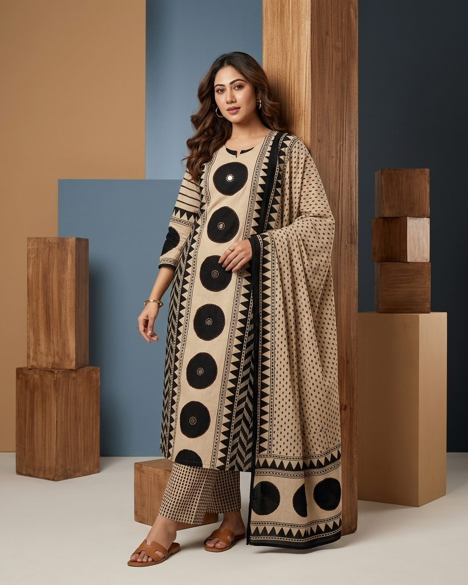Geometric Print 3-Piece Kurta Set Black