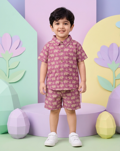 Royal Mauve Elephant Motif Boys' Cotton Co-ord Set: Shirt & Shorts