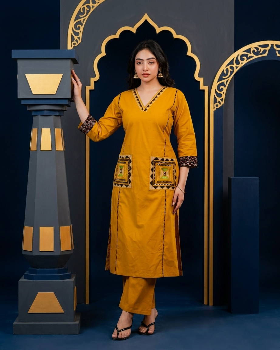 Mustard Geometric Embroidered Pocket Kurta Set