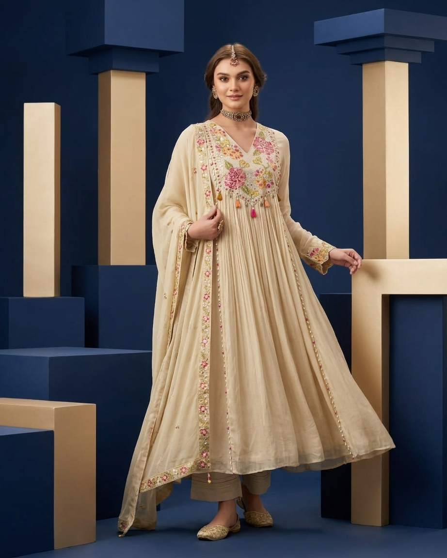 Floral Embroidered Gathered Anarkali Suit Set