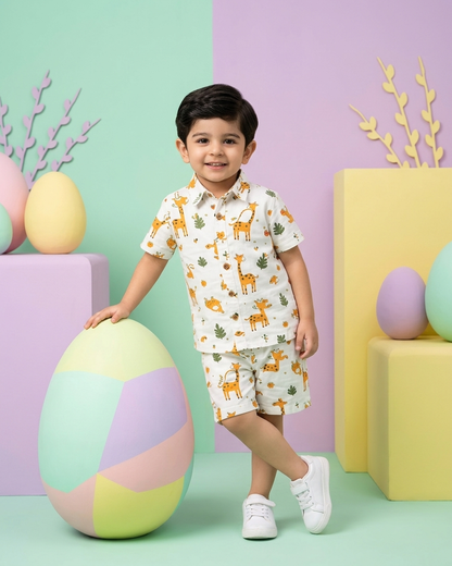 Safari Giraffe Boys' Cotton Co-ord Set: Shirt & Shorts