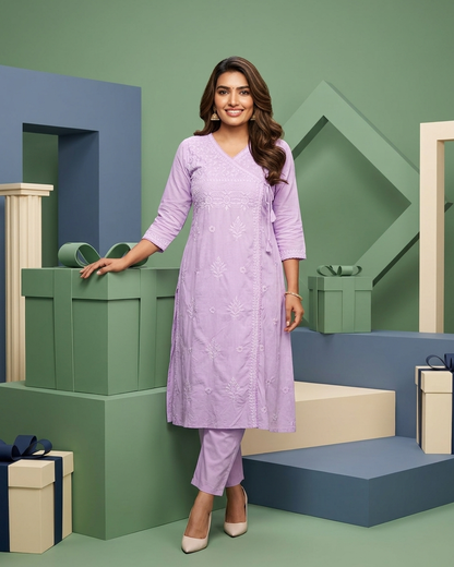 Soft Pastel Angrakha chikan kari Embroidered Kurta Set Lavender