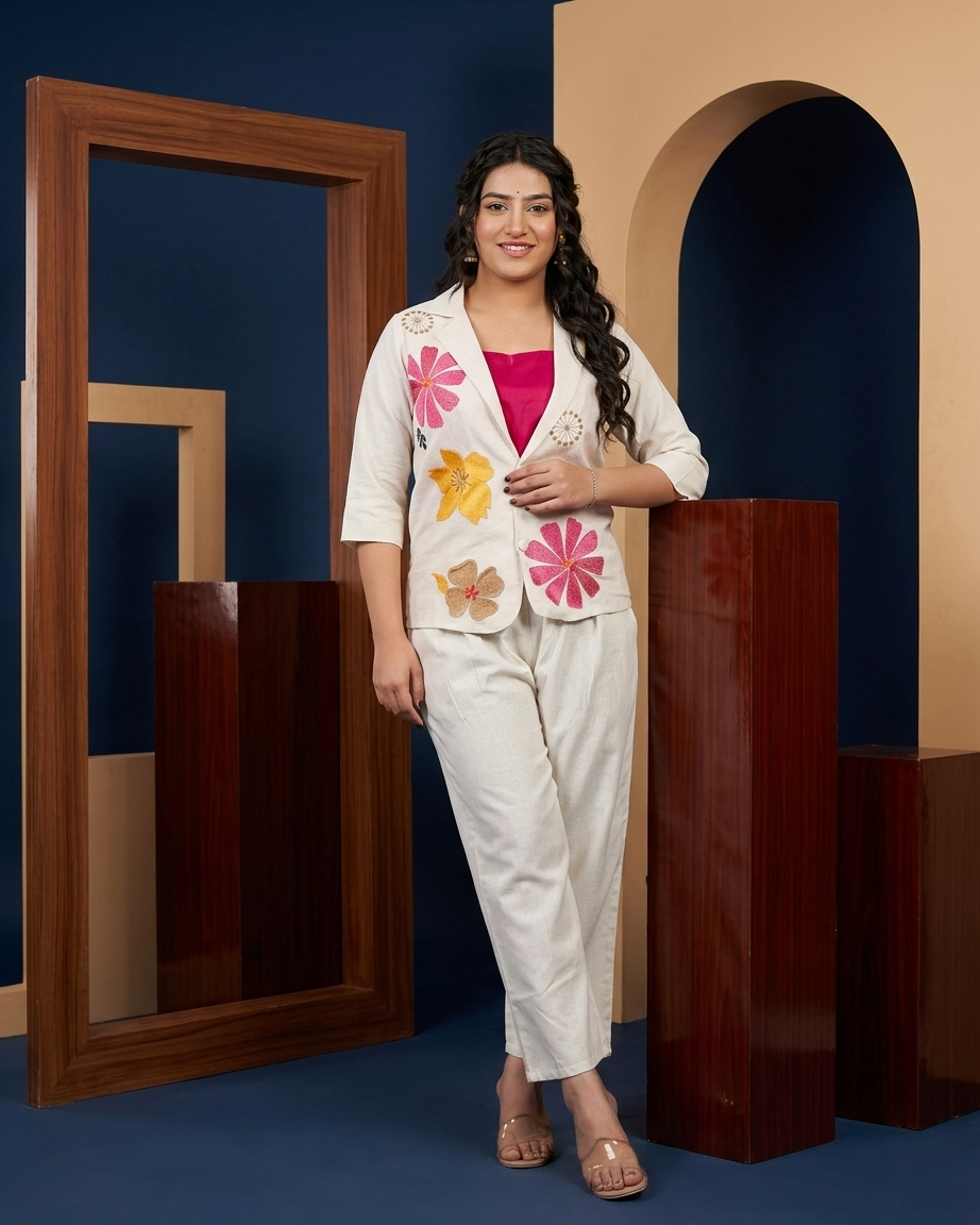 Ivory Floral Embroidered 3-Piece Blazer Co-ord Set