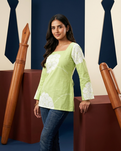 Fresh Lime Green Floral Corset-Back Tunic