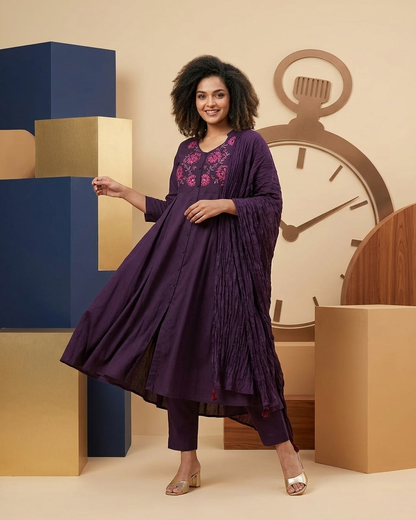 Embroidered Gathered Kurta Set with Crinkled Dupatta