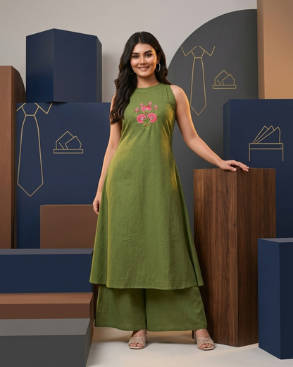 Olive Green Flared A-Line Kurta Set with Floral Embroidery