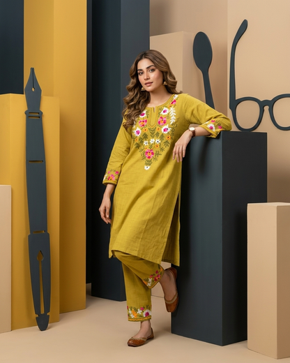 Floral Embroidered Kurta Set in Parrot Green