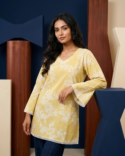 Soft Mustard Yellow Botanical Tunic Top with Lace Trim