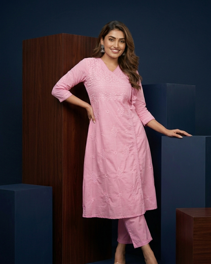 Soft Pastel Angrakha chikan kari Embroidered Kurta Set in Pink