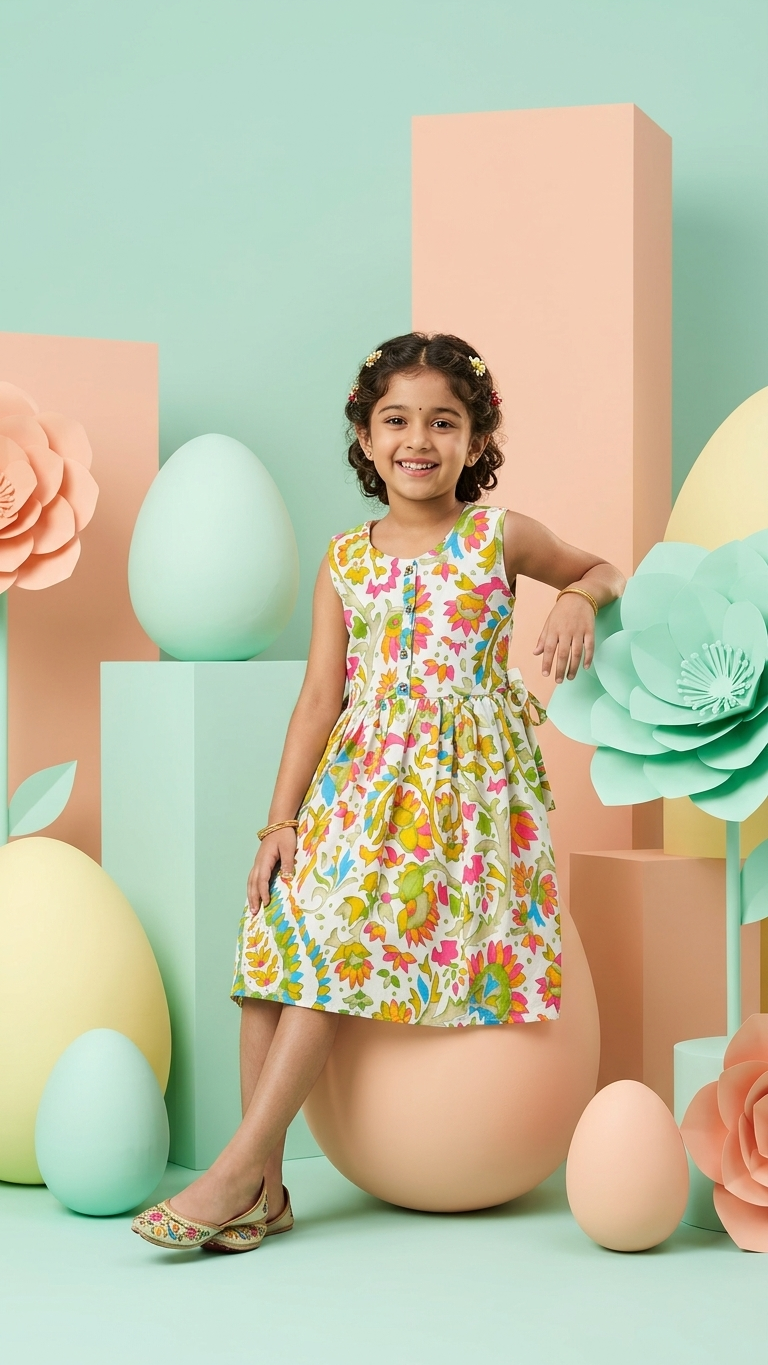 Bohemian Blossom: Girls' Cotton Floral Print Sleeveless Frock