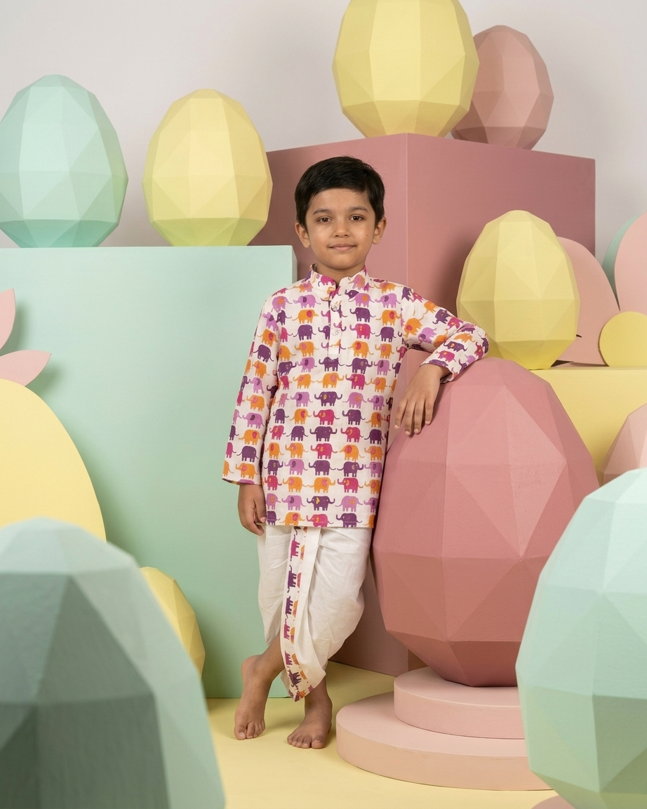 Vibrant Jubilation: Boys' Pink & Purple Elephant Print Kurta Dhoti Set
