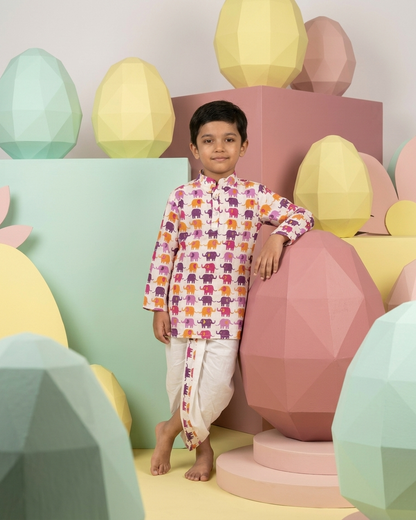 Vibrant Jubilation: Boys' Pink & Purple Elephant Print Kurta Dhoti Set