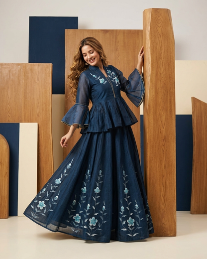Floral Embroidered Peplum Top and Flared Skirt Set