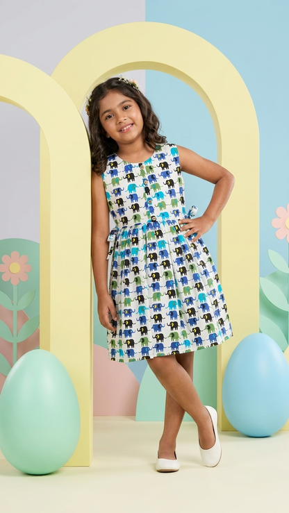 Royal Blue & Green Elephant Print Girls' Cotton Sleeveless Frock
