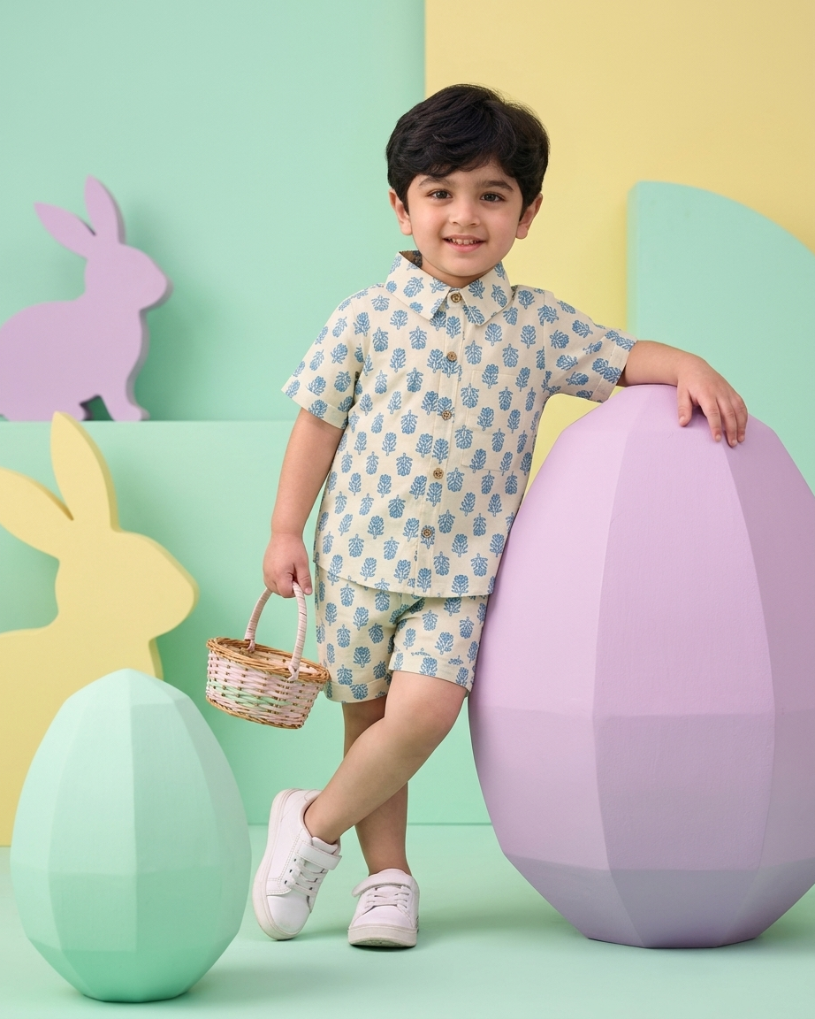 Indigo Boota Boys' Cotton Co-ord Set: Shirt & Shorts