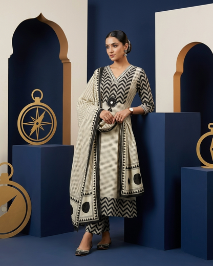 Monochrome Geometric Chevron Kurta Set with Mirror Tassel