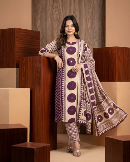 Geometric Print 3-Piece Kurta Set in Purple