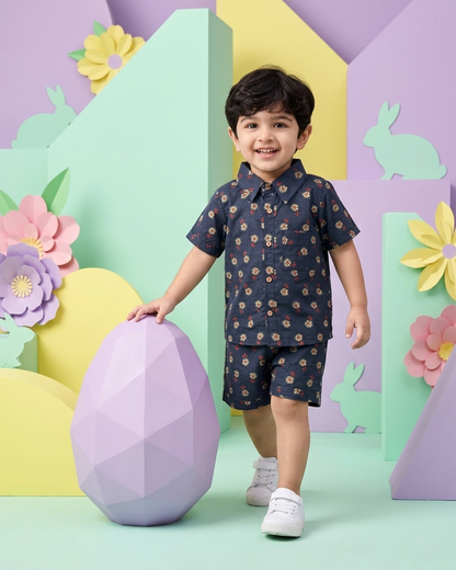 Midnight Floral Boota Boys' Cotton Co-ord Set: Shirt & Shorts