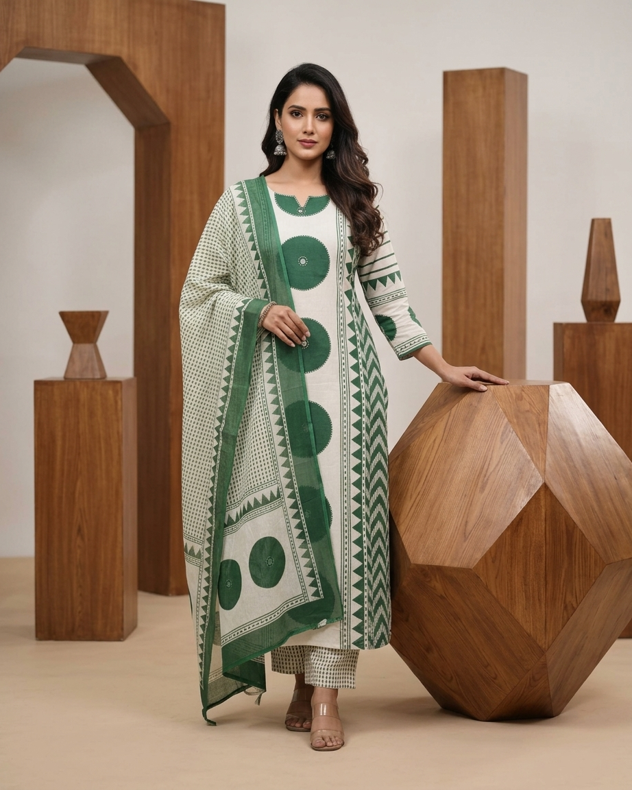 Geometric Print 3-Piece Kurta Set in Green