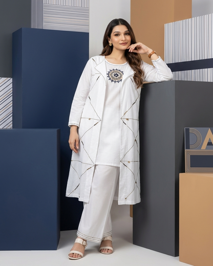 White 3-Piece Layered Jacket Kurta Set