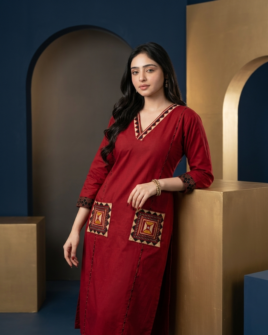 Red Geometric Embroidered Pocket Kurta Set