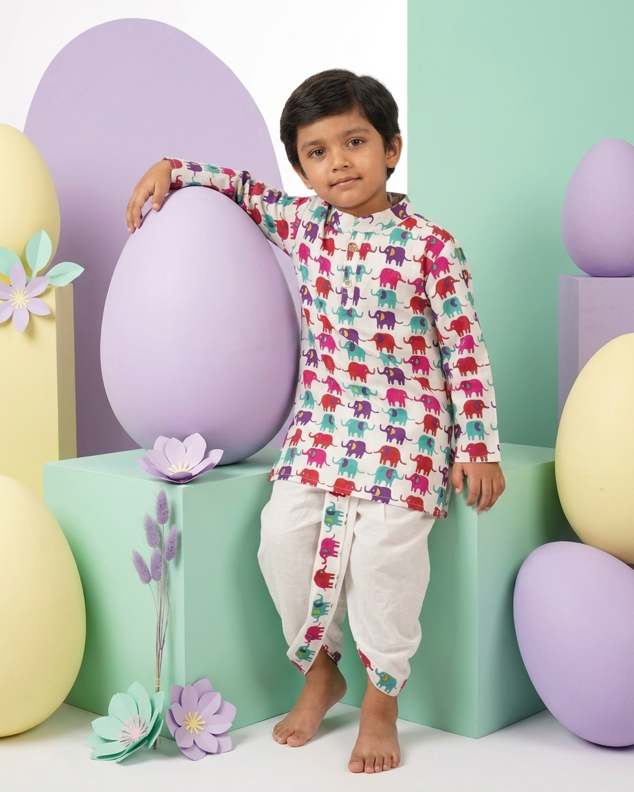 Festive Parade: Boys' Multi-Color Elephant Print Kurta & Dhoti Set