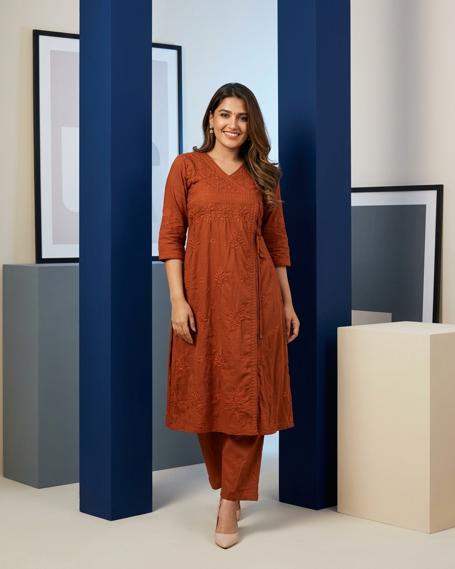 Soft Pastel Angrakha chikan kari Embroidered Kurta Set in Rust orange