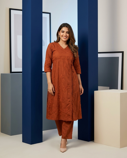 Soft Pastel Angrakha chikan kari Embroidered Kurta Set in Rust orange