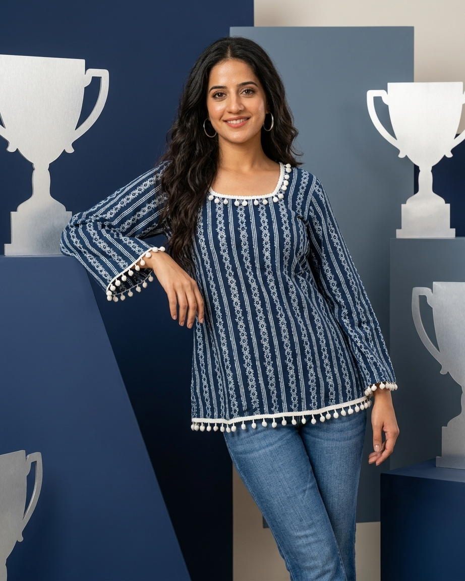Indigo Geometric Stripe Tunic with Pom-Pom Trim