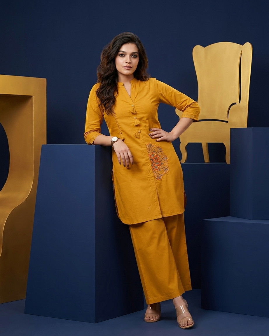 Elegant Front-Button Tassel Kurta with Mandala Embroidery