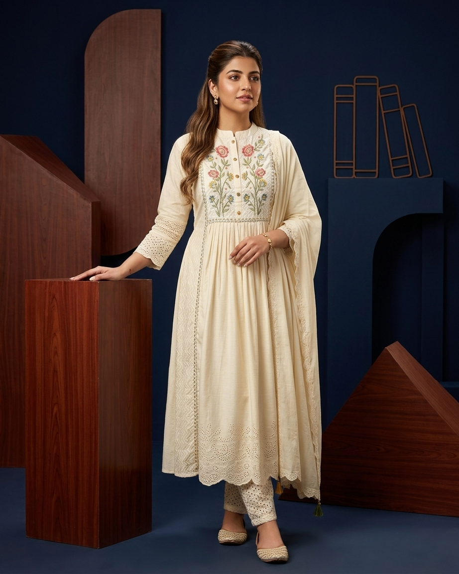Ivory Floral Embroidered Gathered Kurta Set with Schiffli Detailing