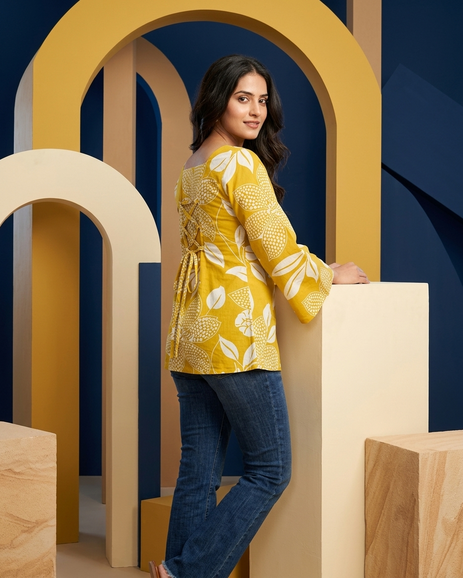 Golden Mustard Floral Corset-Back Tunic