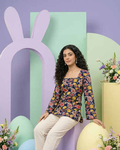 Navy Blue Paisley & Floral Cotton Kurti with Flared Sleeves