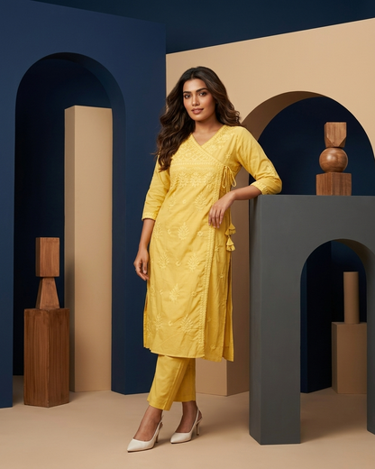 Soft Pastel Angrakha chikan kari Embroidered Kurta Set