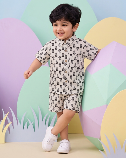 Monochrome Boota Boys' Cotton Co-ord Set: Shirt & Shorts