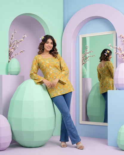 Mustard Yellow Floral Cotton Kurti with Lace-Up Back & Bell Sleeves