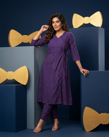 Soft Pastel Angrakha chikan kari Embroidered Kurta Set in Purple