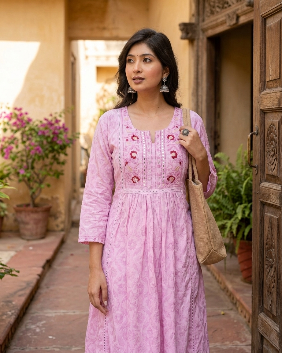 Soft Pink Floral Embroidered Gathered Tunic