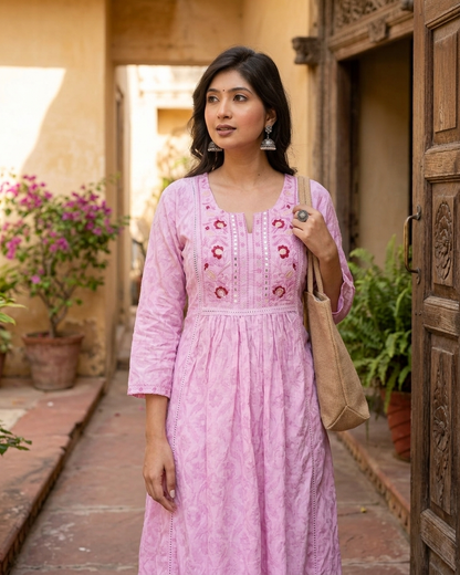 Soft Pink Floral Embroidered Gathered Tunic