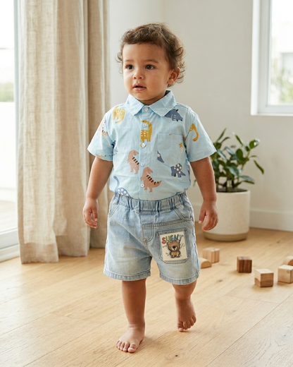 Dino-Day: Boys' Sky Blue Dinosaur Print Shirt & Light-Wash Denim Shorts Set