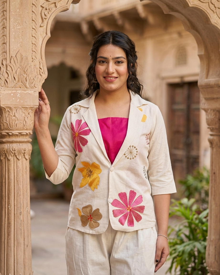 Ivory Floral Embroidered 3-Piece Blazer Co-ord Set