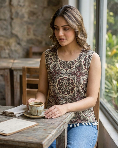 Earthy Geometric Block Print Sleeveless Top with Tassel Hem